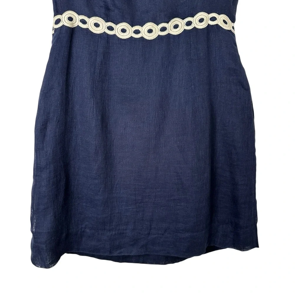 TORY‎ BURCH Linen Dress Navy Blue White Appliqué Eyelet Resort Coastal Chic Sz 6